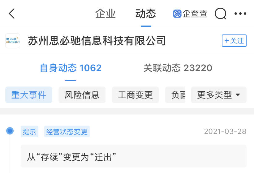 阿里巴巴持股企业思必驰,经营状态状态变更为"迁出"